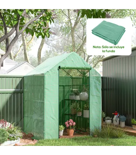 Conjunto de Invernadero de Jardín con Estantes y Cubierta de PE con Puerta Enrollable y Ventana 143x138x190 cm Verde