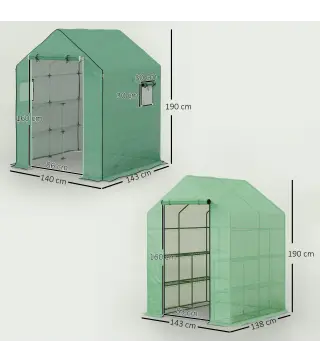 Conjunto de Invernadero de Jardín con Estantes y Cubierta de PE con Puerta Enrollable y Ventana 143x138x190 cm Verde