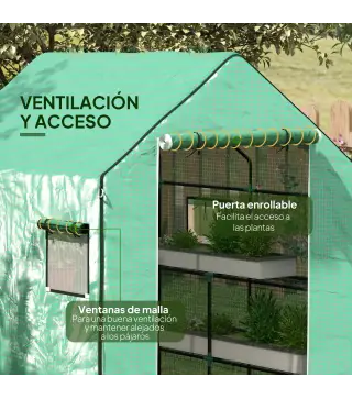 Conjunto de Invernadero de Jardín con Estantes y Cubierta de PE con Puerta Enrollable y Ventana 143x138x190 cm Verde