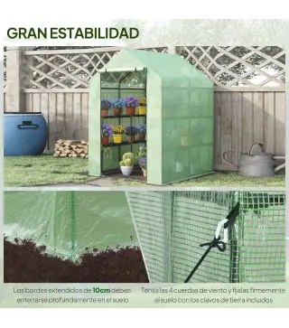 Conjunto de Invernadero de Jardín con Estantes y Cubierta de PE con Puerta Enrollable y Ventana 143x138x190 cm Verde
