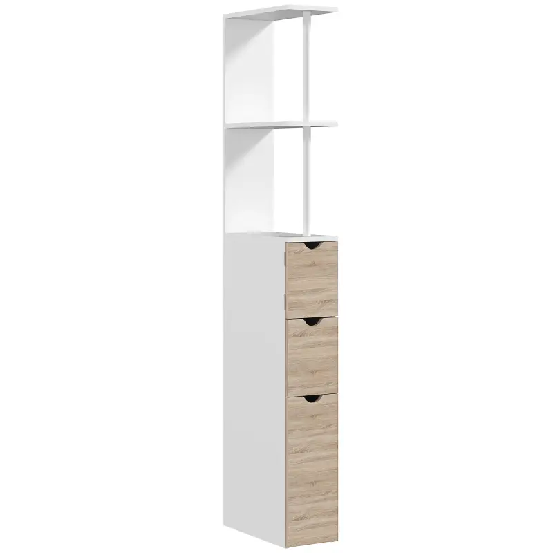 Columna de Baño Moderno Mueble Auxiliar de Baño con 2 Estantes 2 Cajones y 1 Puerta Antivuelco 15x33x136,8 cm Natural Columna de Baño Moderno Mueble Auxiliar de Baño con 2 Estantes 2 Cajones y 1 Puerta Antivuelco 15x33x136,8 cm Natural