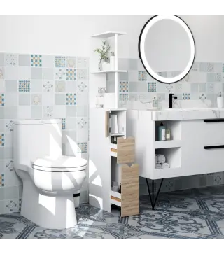 Columna de Baño Moderno Mueble Auxiliar de Baño con 2 Estantes 2 Cajones y 1 Puerta Antivuelco 15x33x136,8 cm Natural