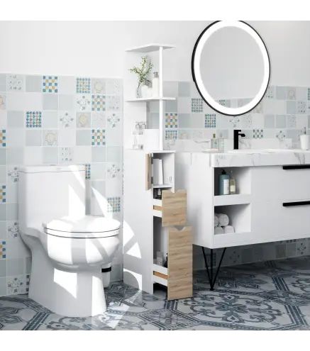 Columna de Baño Moderno Mueble Auxiliar de Baño con 2 Estantes 2 Cajones y 1 Puerta Antivuelco 15x33x136,8 cm Natural