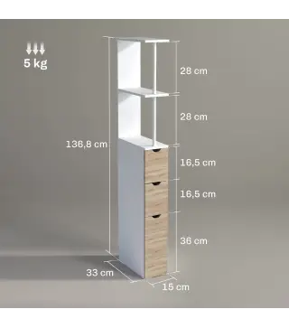 Columna de Baño Moderno Mueble Auxiliar de Baño con 2 Estantes 2 Cajones y 1 Puerta Antivuelco 15x33x136,8 cm Natural