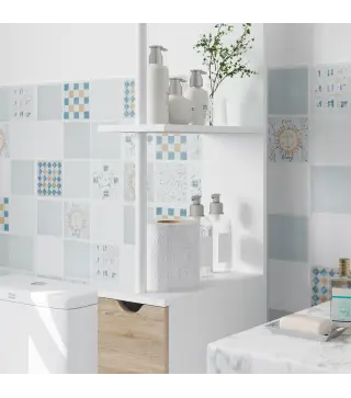 Columna de Baño Moderno Mueble Auxiliar de Baño con 2 Estantes 2 Cajones y 1 Puerta Antivuelco 15x33x136,8 cm Natural