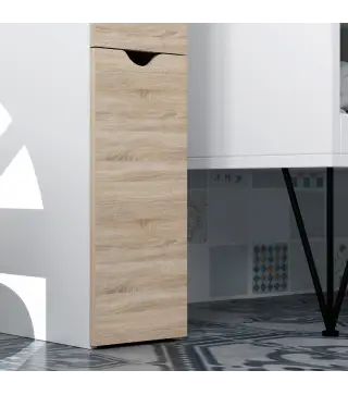 Columna de Baño Moderno Mueble Auxiliar de Baño con 2 Estantes 2 Cajones y 1 Puerta Antivuelco 15x33x136,8 cm Natural