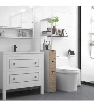 Columna de Baño Moderno Mueble Auxiliar de Baño con 2 Estantes 2 Cajones y 1 Puerta Antivuelco 15x33x136,8 cm Natural