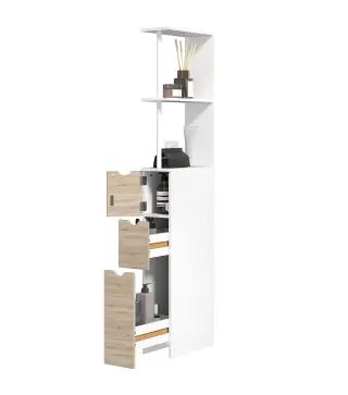 Columna de Baño Moderno Mueble Auxiliar de Baño con 2 Estantes 2 Cajones y 1 Puerta Antivuelco 15x33x136,8 cm Natural