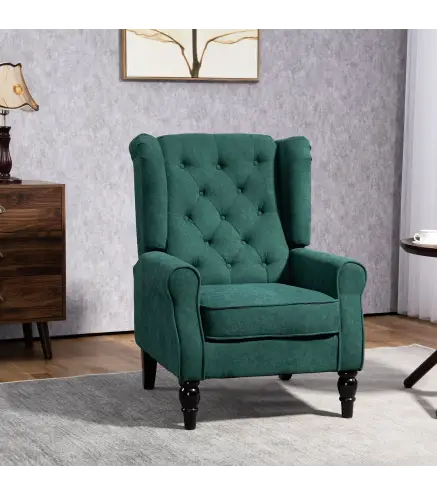 Sillón para Sala de Estilo Francés con Asiento Acolchado y Cojines, en Poliéster, 74x86x102 cm, Verde Oscuro