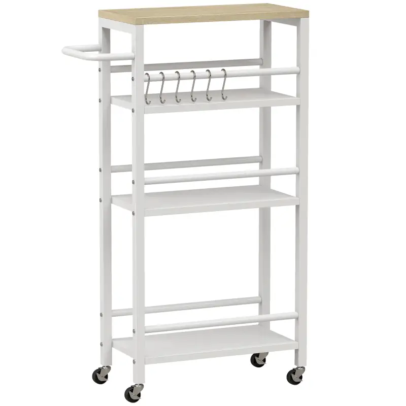 Carrito Auxiliar con Ruedas de 4 Niveles Carrito de Cocina con Toallero y 6 Ganchos para Comedor 50x20x81 cm Roble
