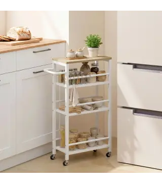 Carrito Auxiliar con Ruedas de 4 Niveles Carrito de Cocina con Toallero y 6 Ganchos para Comedor 50x20x81 cm Roble