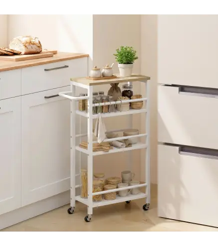 Carrito Auxiliar con Ruedas de 4 Niveles Carrito de Cocina con Toallero y 6 Ganchos para Comedor 50x20x81 cm Roble