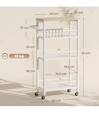 Carrito Auxiliar con Ruedas de 4 Niveles Carrito de Cocina con Toallero y 6 Ganchos para Comedor 50x20x81 cm Roble