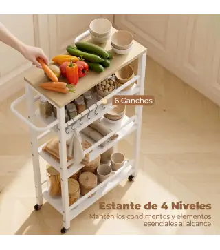 Carrito Auxiliar con Ruedas de 4 Niveles Carrito de Cocina con Toallero y 6 Ganchos para Comedor 50x20x81 cm Roble
