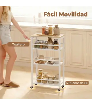 Carrito Auxiliar con Ruedas de 4 Niveles Carrito de Cocina con Toallero y 6 Ganchos para Comedor 50x20x81 cm Roble