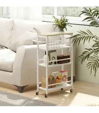 Carrito Auxiliar con Ruedas de 4 Niveles Carrito de Cocina con Toallero y 6 Ganchos para Comedor 50x20x81 cm Roble