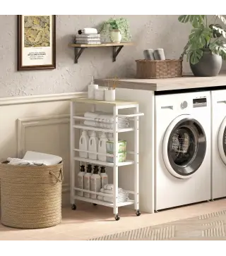 Carrito Auxiliar con Ruedas de 4 Niveles Carrito de Cocina con Toallero y 6 Ganchos para Comedor 50x20x81 cm Roble