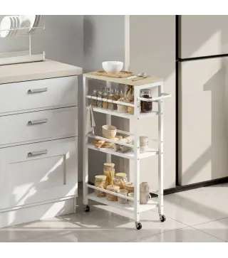 Carrito Auxiliar con Ruedas de 4 Niveles Carrito de Cocina con Toallero y 6 Ganchos para Comedor 50x20x81 cm Roble
