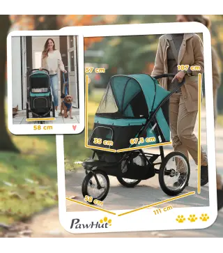 Carrito para Perros, plegable, Protección solar, Ventanas de malla, Cesta de almacenamiento, Verde oscuro, 111x58x107 cm