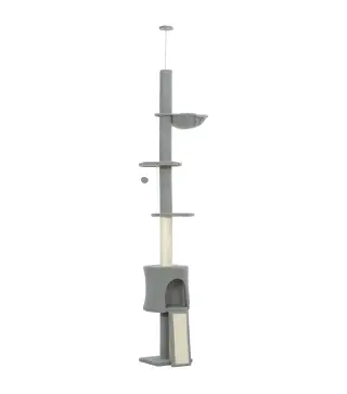 Árbol para Gatos de Piso a Techo Altura Ajustable 220-240cm con Hamaca Plataformas en Flor Cuevas Rampa Bola Gris Claro