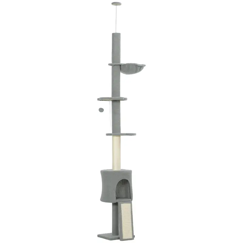 Árbol para Gatos de Piso a Techo Altura Ajustable 220-240cm con Hamaca Plataformas en Flor Cuevas Rampa Bola Gris Claro