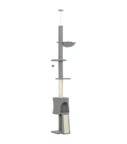 Árbol para Gatos de Piso a Techo Altura Ajustable 220-240cm con Hamaca Plataformas en Flor Cuevas Rampa Bola Gris Claro
