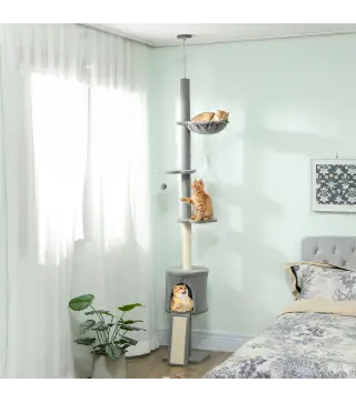 Árbol para Gatos de Piso a Techo Altura Ajustable 220-240cm con Hamaca Plataformas en Flor Cuevas Rampa Bola Gris Claro