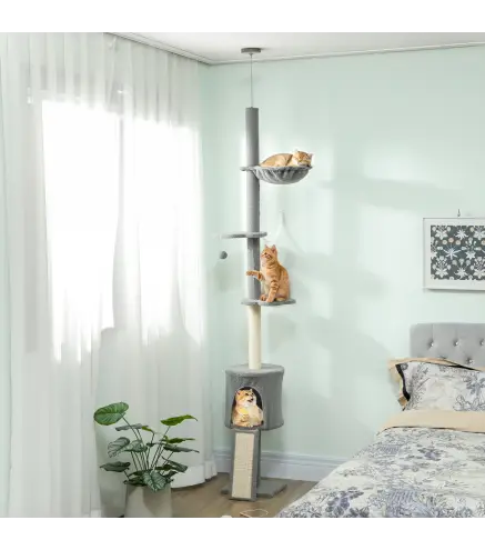 Árbol para Gatos de Piso a Techo Altura Ajustable 220-240cm con Hamaca Plataformas en Flor Cuevas Rampa Bola Gris Claro