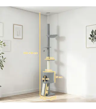 Árbol para Gatos de Piso a Techo Altura Ajustable 220-240cm con Hamaca Plataformas en Flor Cuevas Rampa Bola Gris Claro