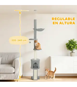 Árbol para Gatos de Piso a Techo Altura Ajustable 220-240cm con Hamaca Plataformas en Flor Cuevas Rampa Bola Gris Claro
