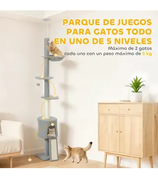 Árbol para Gatos de Piso a Techo Altura Ajustable 220-240cm con Hamaca Plataformas en Flor Cuevas Rampa Bola Gris Claro