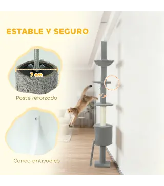 Árbol para Gatos de Piso a Techo Altura Ajustable 220-240cm con Hamaca Plataformas en Flor Cuevas Rampa Bola Gris Claro