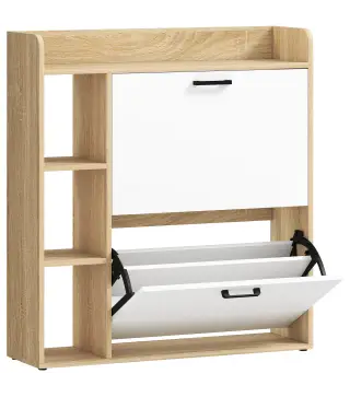 Zapatero Estrecho con 2 Puertas 3 Estantes Laterales y Estantes Ajustables para 15 Pares de Zapatos Natural y Blanco