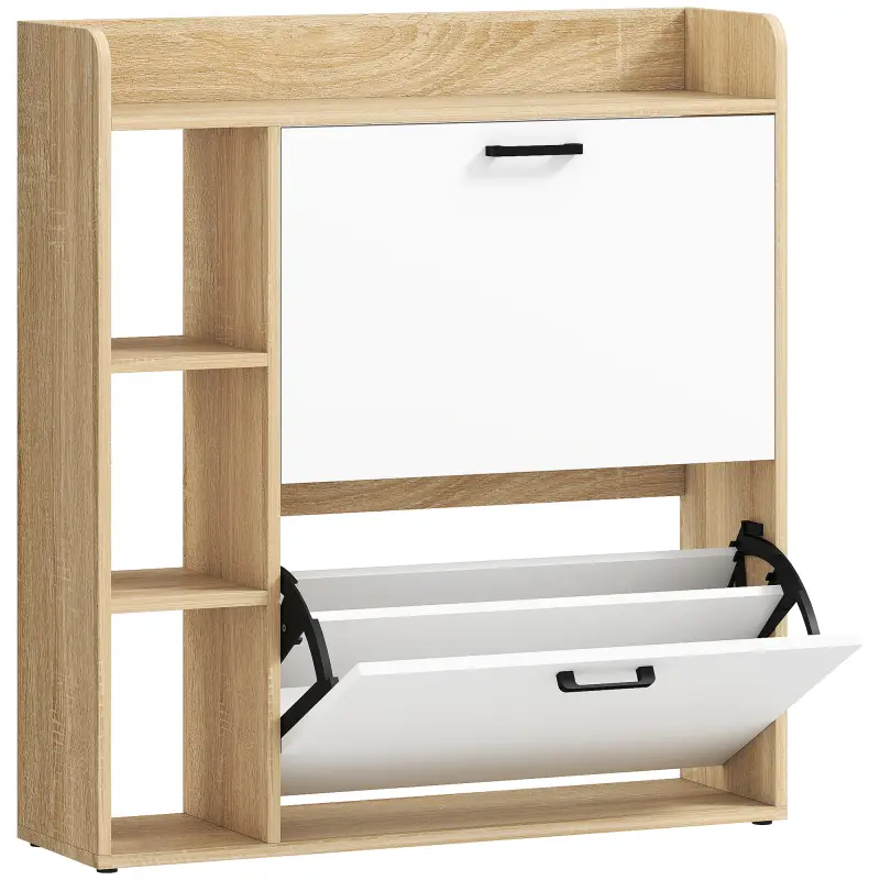 Zapatero Estrecho con 2 Puertas 3 Estantes Laterales y Estantes Ajustables para 15 Pares de Zapatos Natural y Blanco Zapatero Estrecho con 2 Puertas 3 Estantes Laterales y Estantes Ajustables para 15 Pares de Zapatos Natural y Blanco