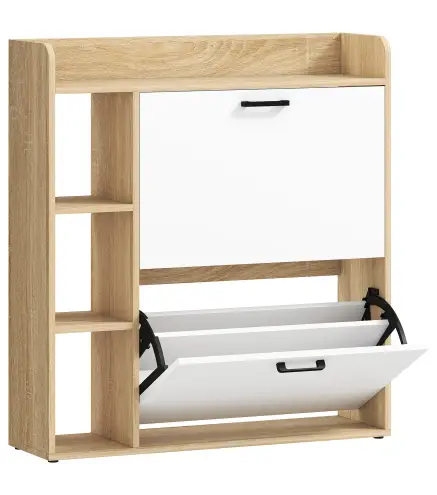 Zapatero Estrecho con 2 Puertas 3 Estantes Laterales y Estantes Ajustables para 15 Pares de Zapatos Natural y Blanco