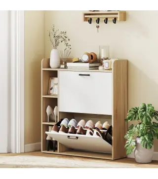 Zapatero Estrecho con 2 Puertas 3 Estantes Laterales y Estantes Ajustables para 15 Pares de Zapatos Natural y Blanco