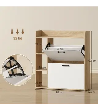 Zapatero Estrecho con 2 Puertas 3 Estantes Laterales y Estantes Ajustables para 15 Pares de Zapatos Natural y Blanco