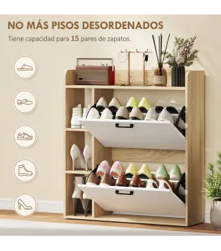 Zapatero Estrecho con 2 Puertas 3 Estantes Laterales y Estantes Ajustables para 15 Pares de Zapatos Natural y Blanco