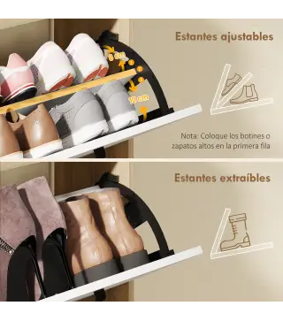 Zapatero Estrecho con 2 Puertas 3 Estantes Laterales y Estantes Ajustables para 15 Pares de Zapatos Natural y Blanco