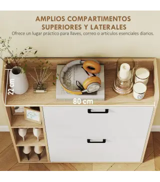 Zapatero Estrecho con 2 Puertas 3 Estantes Laterales y Estantes Ajustables para 15 Pares de Zapatos Natural y Blanco