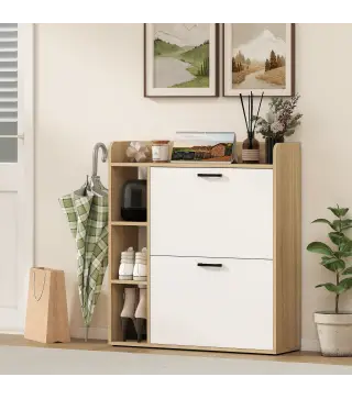 Zapatero Estrecho con 2 Puertas 3 Estantes Laterales y Estantes Ajustables para 15 Pares de Zapatos Natural y Blanco