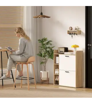 Zapatero Estrecho con 2 Puertas 3 Estantes Laterales y Estantes Ajustables para 15 Pares de Zapatos Natural y Blanco
