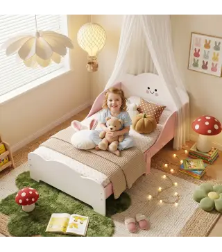 Cama Infantil 70x140 cm Montessori con Barandillas Altas Tema Algodón de Azúcar para Niños y Niñas de 3-6 Años Rosa