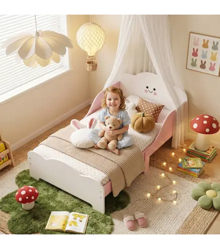 Cama Infantil 70x140 cm Montessori con Barandillas Altas Tema Algodón de Azúcar para Niños y Niñas de 3-6 Años Rosa
