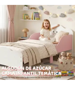 Cama Infantil 70x140 cm Montessori con Barandillas Altas Tema Algodón de Azúcar para Niños y Niñas de 3-6 Años Rosa