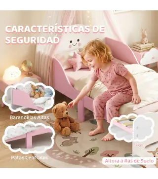 Cama Infantil 70x140 cm Montessori con Barandillas Altas Tema Algodón de Azúcar para Niños y Niñas de 3-6 Años Rosa