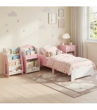 Cama Infantil 70x140 cm Montessori con Barandillas Altas Tema Algodón de Azúcar para Niños y Niñas de 3-6 Años Rosa