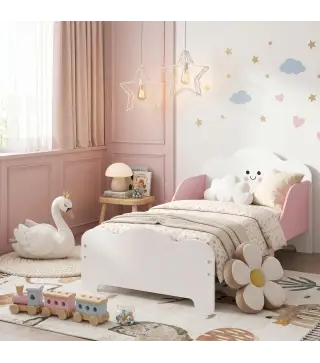 Cama Infantil 70x140 cm Montessori con Barandillas Altas Tema Algodón de Azúcar para Niños y Niñas de 3-6 Años Rosa