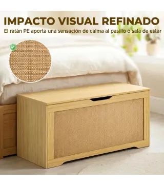 Baúl de Almacenaje 136L Banco de Almacenaje con Panel de Ratán Tapa Brazos de Soporte para Recibidor 100x40x45 cm Roble
