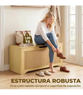 Baúl de Almacenaje 136L Banco de Almacenaje con Panel de Ratán Tapa Brazos de Soporte para Recibidor 100x40x45 cm Roble